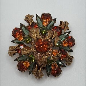 Vintage Floral Brooch with Orange and Green Gems